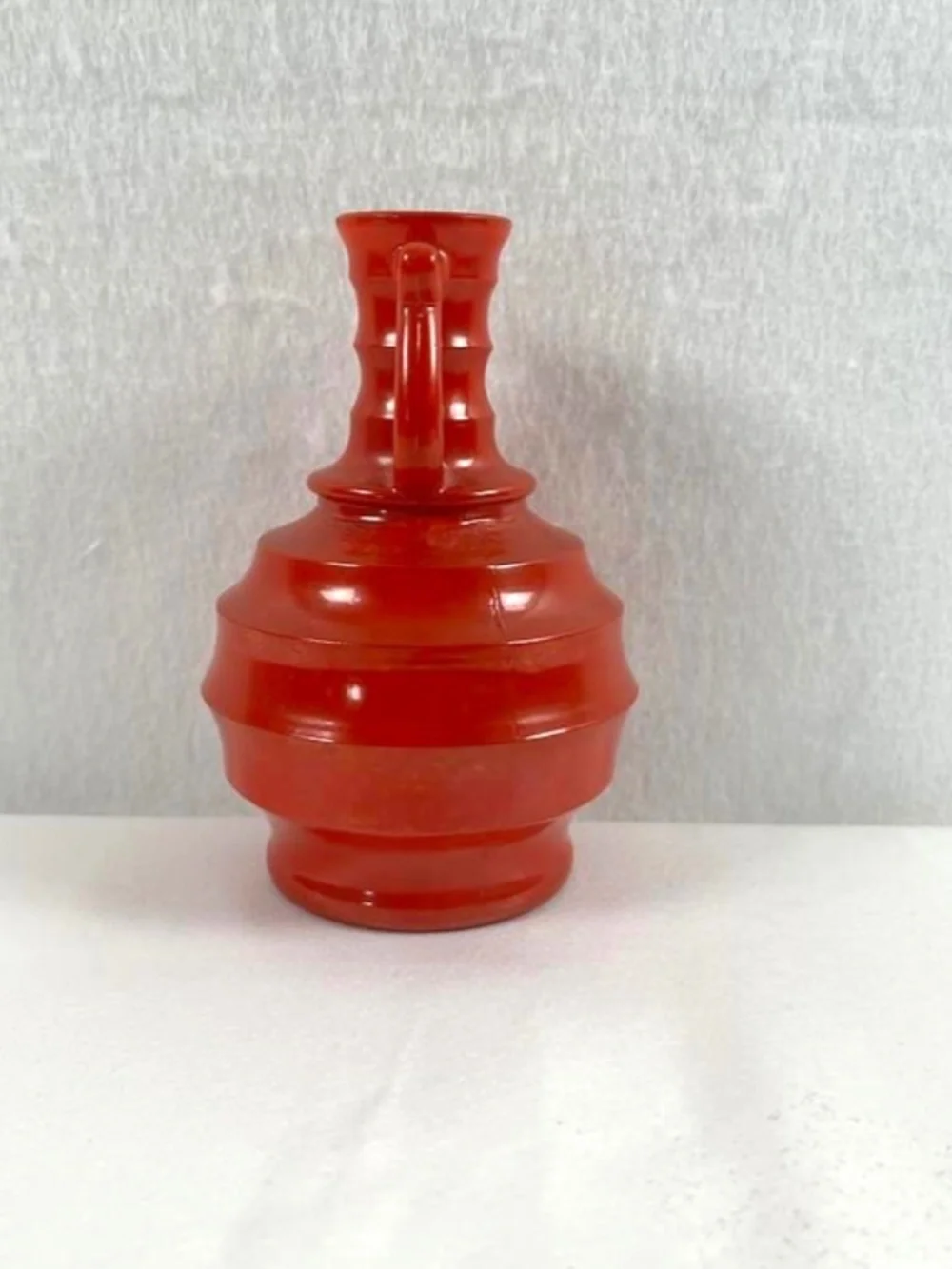 Vintage Art Deco Orange Glass Vase Beehive Style Red Urn Harp Handles